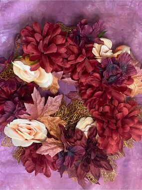 Handmade Decorative Fall Floral Wreath - Burgundy and Cream